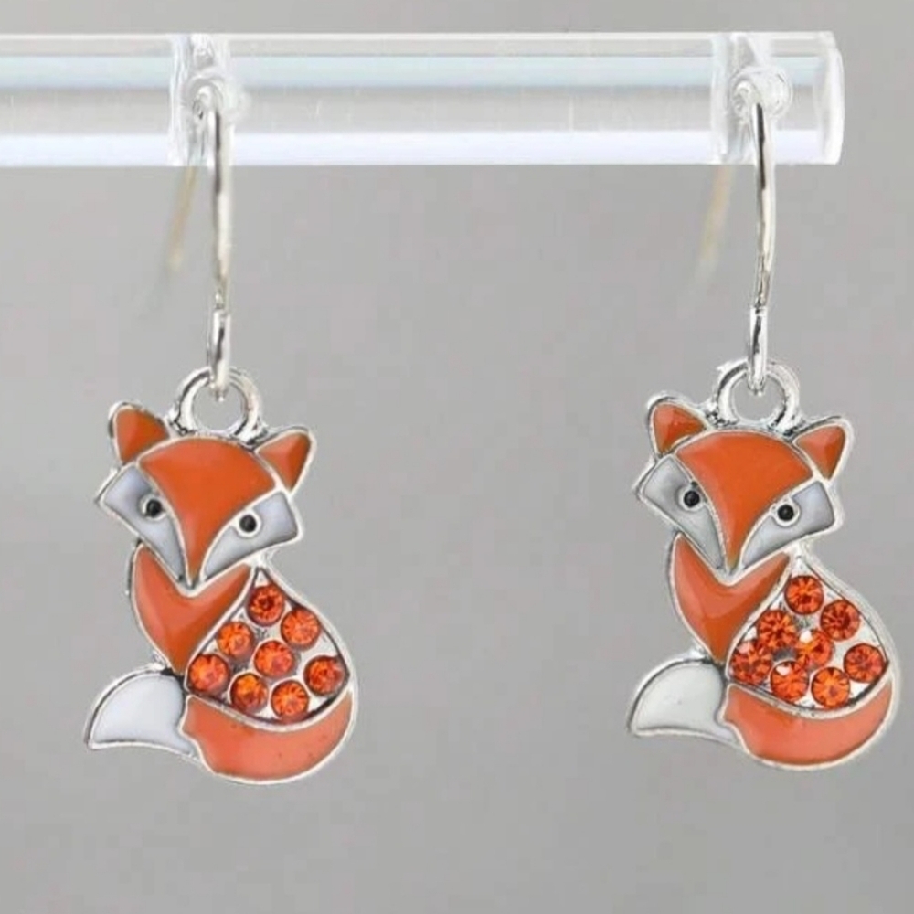 Fox Orange Rhinestone.5 x 0.25" w Silver Tone Earrings